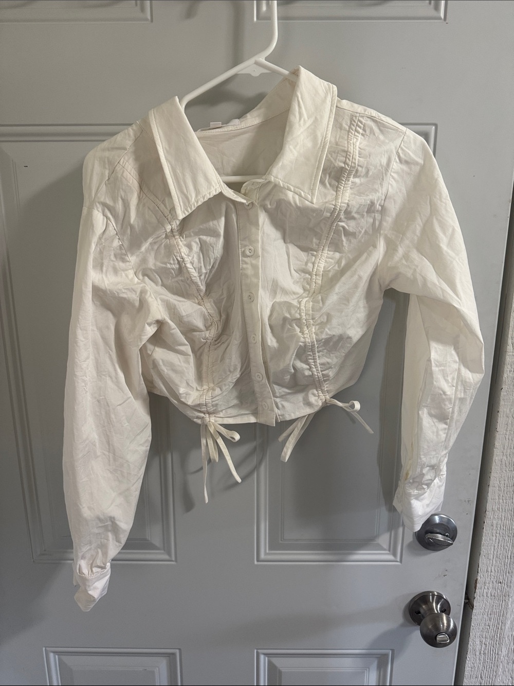 Cropped White Long-Sleeve Button Front Top with Drawstring